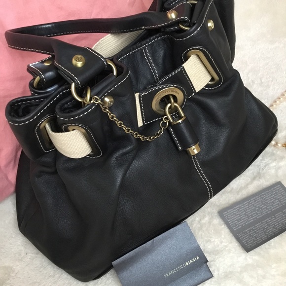 Francesco Biasia Genuine Black Leather Oversized Handbag Push Lock Canvas Strap - Picture 13 of 17
